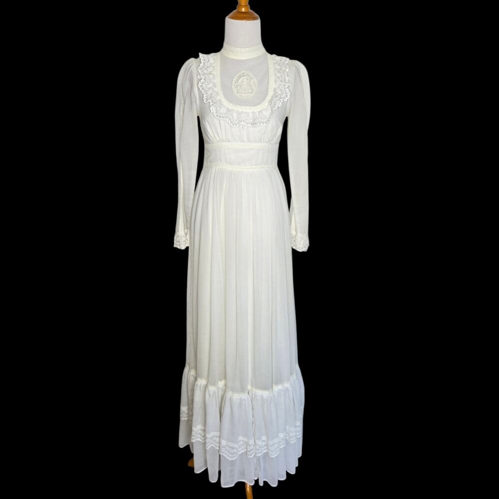 Vintage 70s Gunne Sax White Lace Prairie Dress Rare Embroidery Bridal Womens XXS - Picture 2 of 16